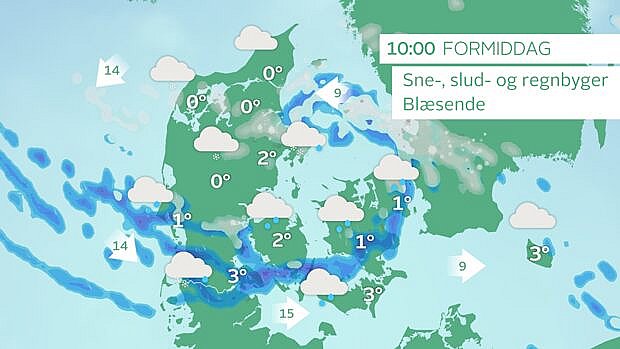 Vejrkort onsdag klokken 10. Nedbøren falder som både regn-, slud- og tøsne. Foto: TV 2 VEJRET