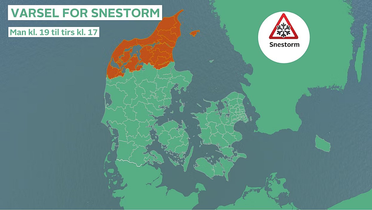 Der er varslet snestorm i Nordjylland i perioden mandag klokken 19 til tirsdag klokken 17.