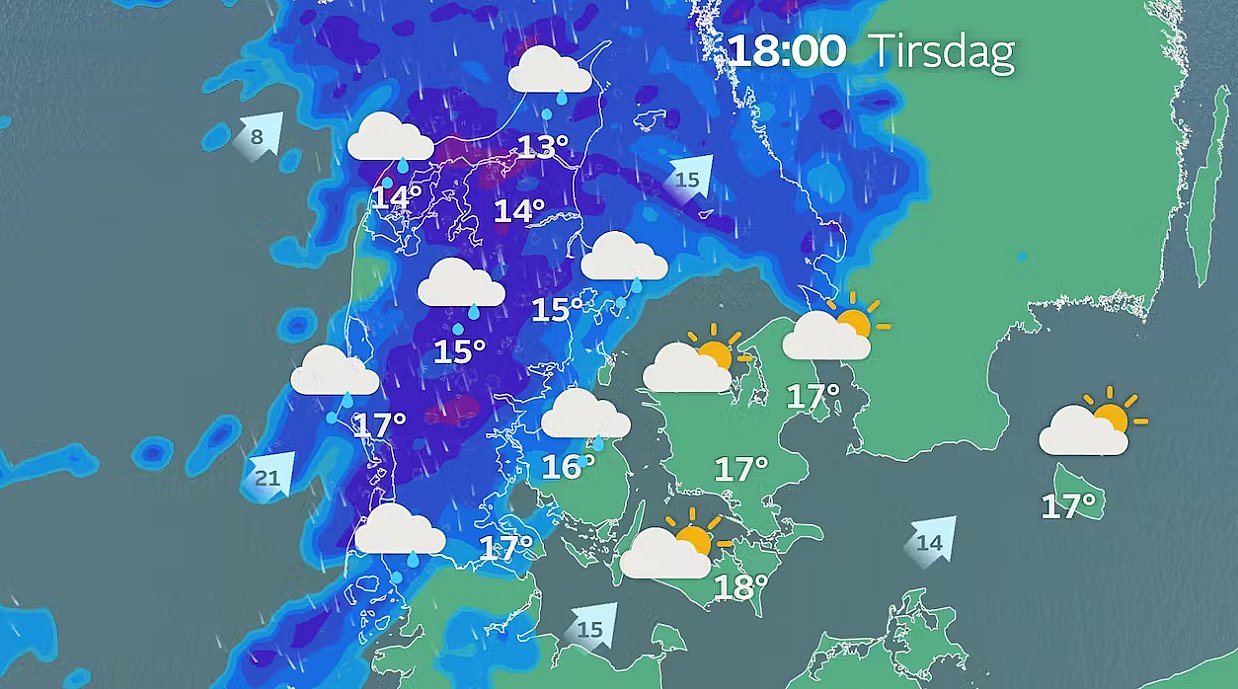Prognose klokken 18. Blæsende i hele landet og med et kraftigt regnvejr over Jylland.