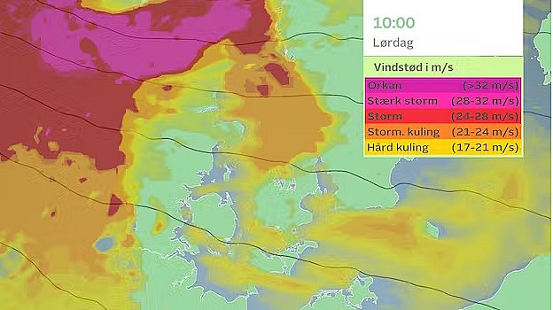 Vindprognose for lørdag formiddag. I første omgang rammer den kraftige blæst det nordlige og vestlige Jylland.