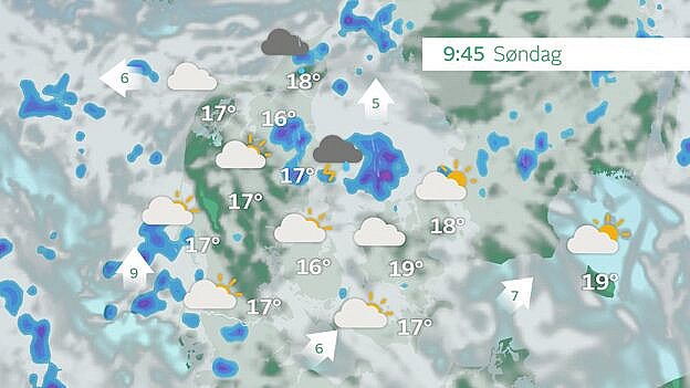 Prognose søndag klokken 9.45. Lokale tordenbyger i Jylland og Kattegat