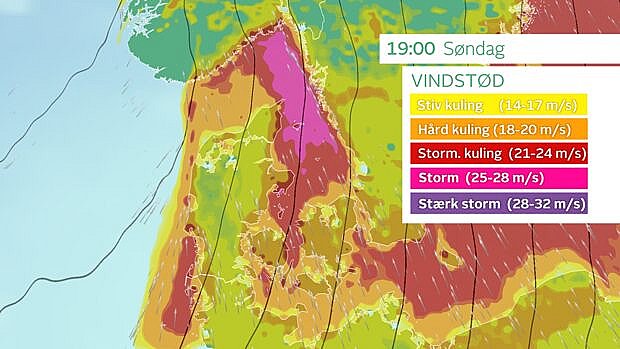 Vindstød søndag klokken 19. Foto: TV 2 VEJRET