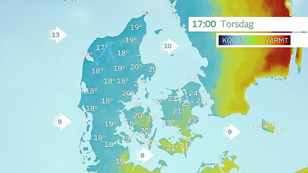 Prognose for temperaturer torsdag, når køligere luft blæser ind over os fra vest. Foto: TV 2 Vejret