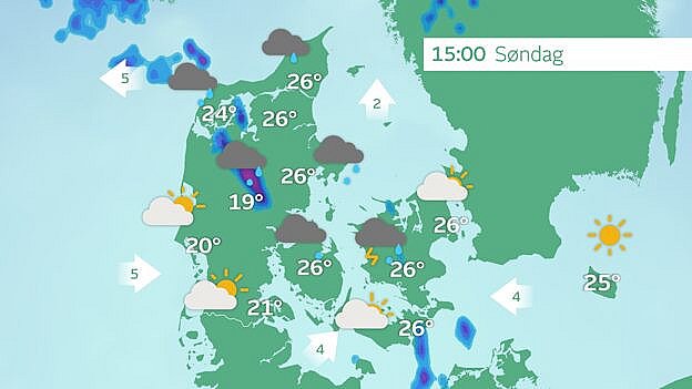 Prognose søndag eftermiddag. Spredte tordenbyger, der lokalt kan give skybrud.