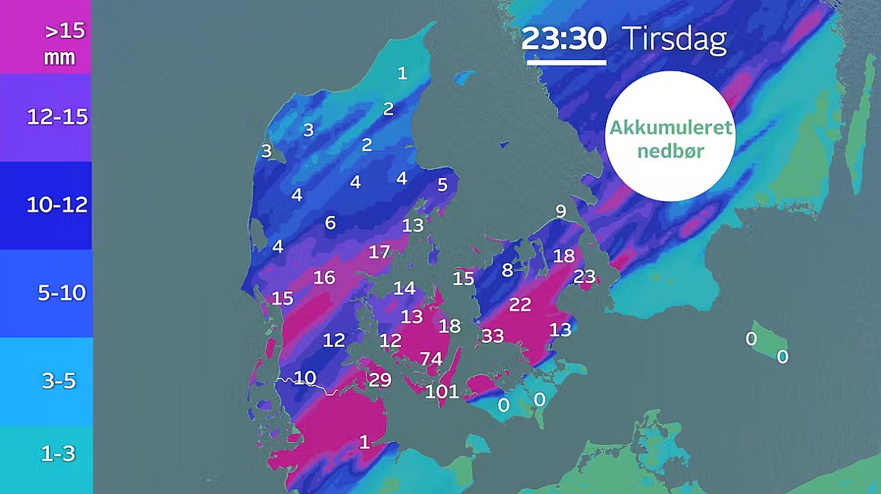 Akkumuleret nedbør frem til tirsdag klokken 23.30. Vejrmodel: IBM GRAF.