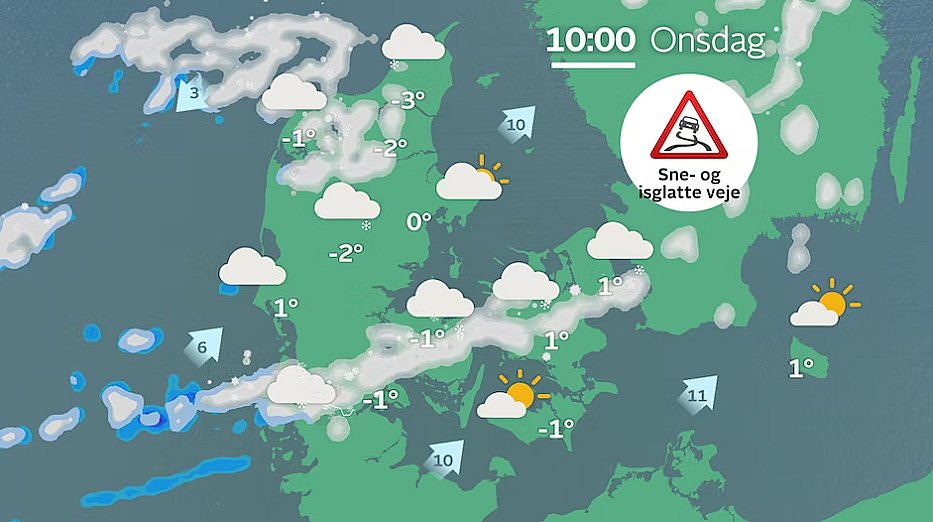 Prognose onsdag formiddag. Spredte snebyger over de sydlige og østlige landsdele samt i den nordlige del af Jylland.
