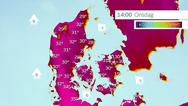 IBM GRAF temperaturprognose onsdag klokken 14.00. Lokalt mellem 32 og 34 grader. Foto: TV 2 Vejret