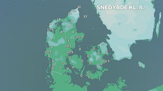 Officielle snedybder. Lokalt ligger der over 30 centimeter sne.