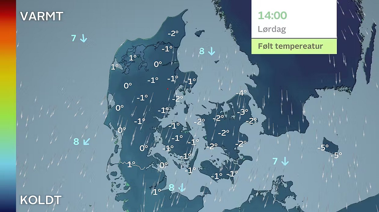 Den følte temperatur. I stort set hele landet vil det føles som frost at være udenfor lørdag.