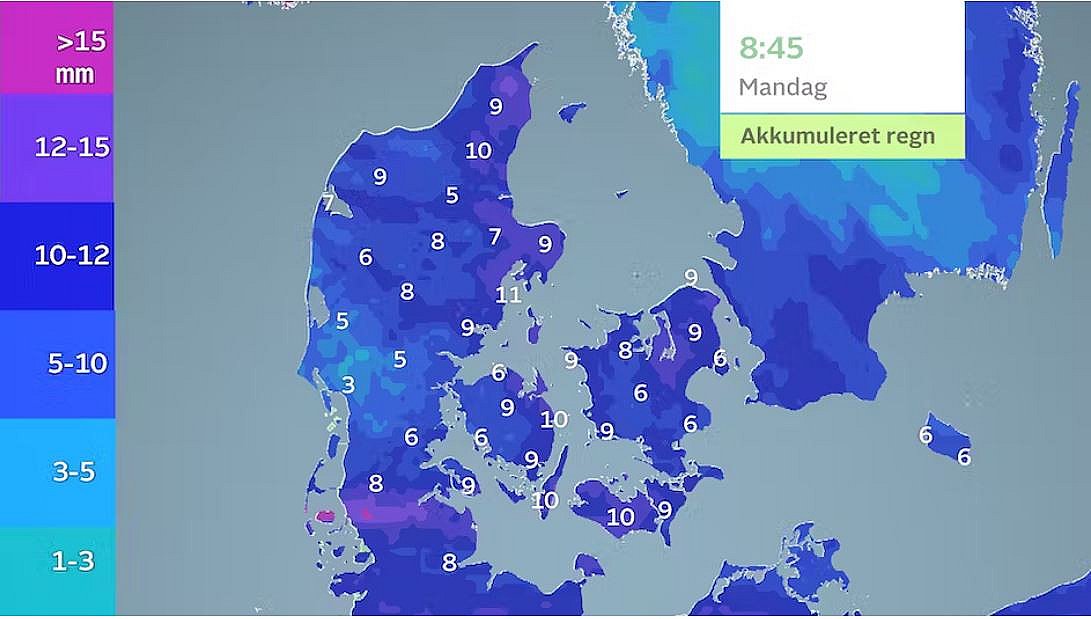 Akkumuleret regn frem til mandag morgen.