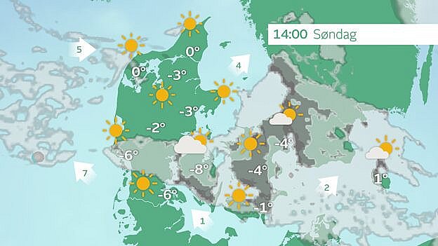 Prognose søndag klokken 14.00. Stadig rimtåge flere steder.