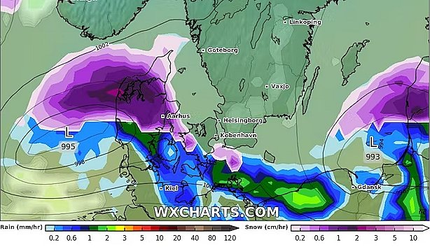 Prognose fra det amerikanske regnecenter GFS. Beregning for den 24. december om eftermiddagen.