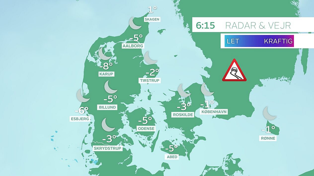 Vejr og radar klokken 6.15. Det er iskoldt flere steder
