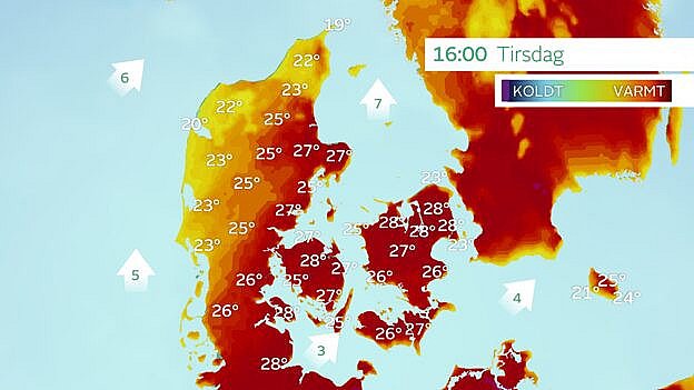 Forventet maksimumtemperaturer tirsdag. Op mellem 25 og 28 grader. Varmest mod øst.