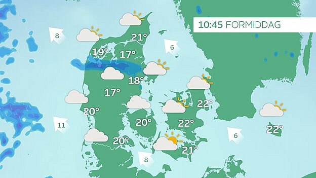 Prognose tirsdag klokken 10.45. En del skyer med smådryp over de vestlige egne. Pænt mod øst.