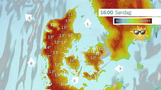 Prognose påskedag. Masser af sol og op omkring 14 grader. Noget køligere langs kysterne. Foto: TV 2 Vejret