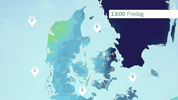 Højeste temperaturer fredag eftermiddag. Der vil være tæt på dagsfrost i hele landet og især i Nordsjælland kan man opleve tre-fire graders frost - midt på dagen.