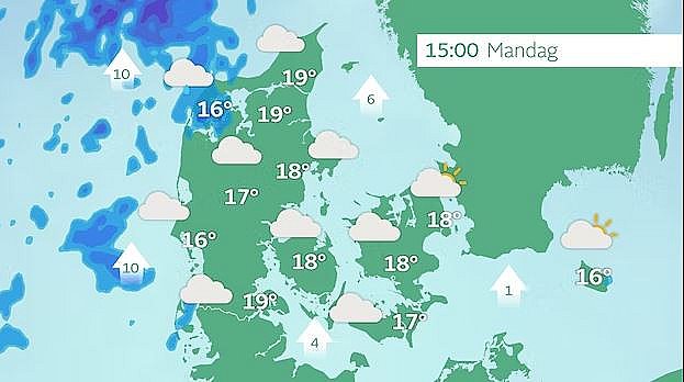 Prognose mandag eftermiddag. Fortsat mulighed for lidt sol mod øst, ellers mest skyet med enkelte regnbyger mod vest.