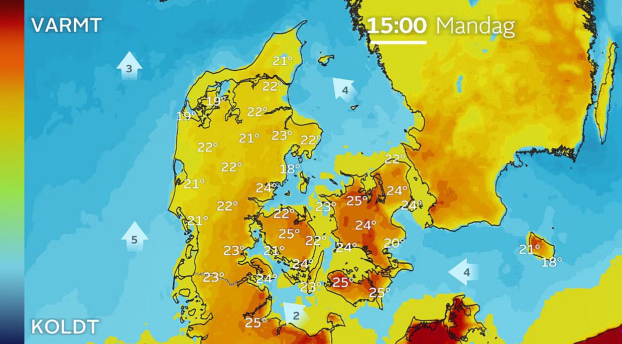 Temperaturprognose mandag klokken 15.00. Vejrmodel: IBM GRAF.