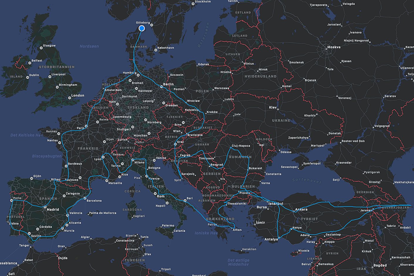 Kort over Europa-tur
