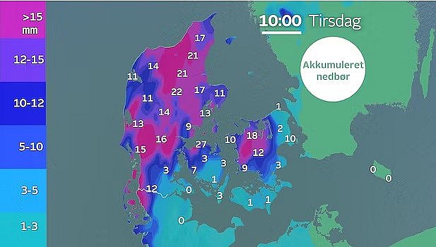 Akkumuleret nedbør frem til tirsdag klokken 10.00. Vejrmodel: IBM GRAF Foto: TV 2 Vejret