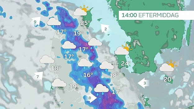 Prognose fredag eftermiddag. Fronten befinder sig på tværs af landet og giver risiko for kraftig regn og torden.