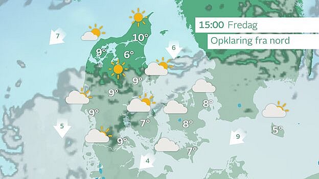 Prognose langfredag. Opklaring fra nord. Foto: TV 2 Vejret