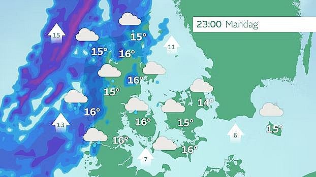 Prognose mandag aften. Et regnvejr går i land med en del regn.