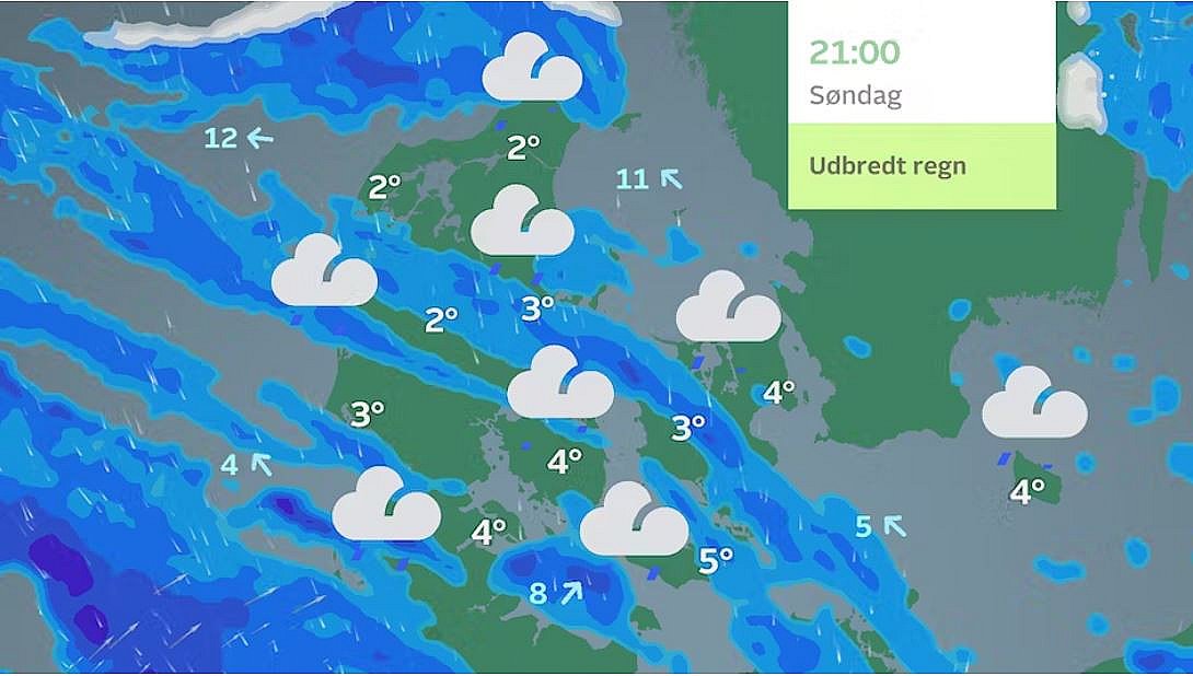 Prognose søndag aften. Regn flere steder.