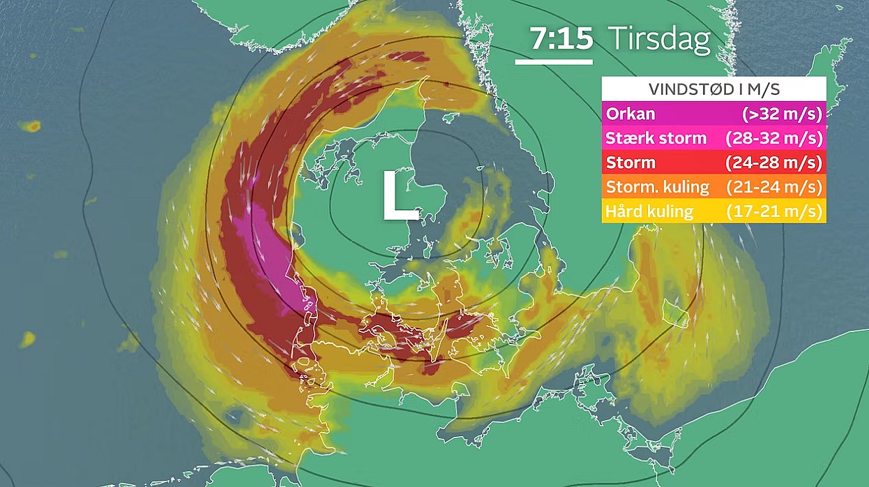 I Nordjylland og over de sydlige dele af landet er der risiko for vindstød af stormstyrke i løbet af tirsdagen