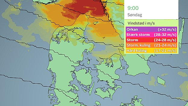 Vindstødsprognose søndag klokken 9.00.