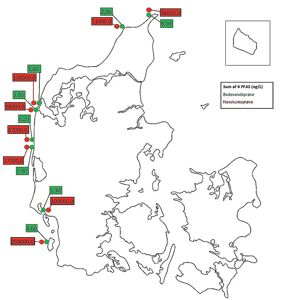 Resultater af prøver fra havskum og badevand. De otte havskumsprøver er jævnt fordelt over den jyske vestkyst fra Rømø i syd til Skagen i nord.