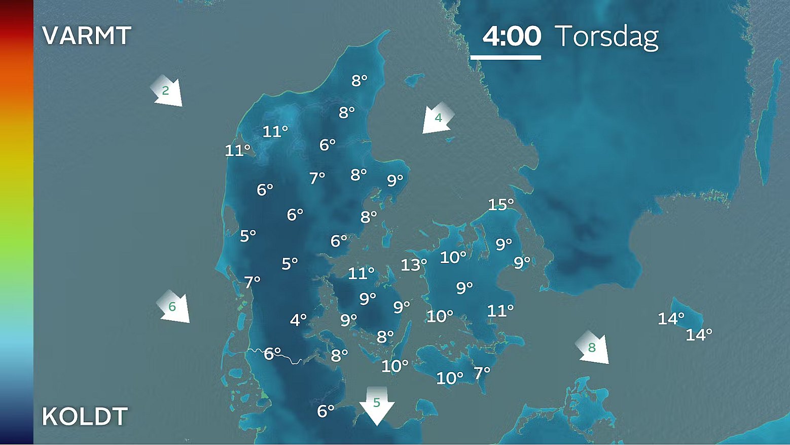 Minimumstemperaturer natten til torsdag. Ned omkring 4 grader.