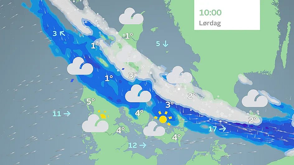 Prognose lørdag formiddag. Et bånd med regn og slud ligger på tværs af landet. Foto: TV 2 Vejret