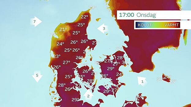 Forventet maksimumtemperaturer onsdag. Op til 30 grader mod øst.