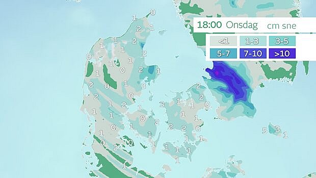 Samlede snemængder frem til onsdag klokken 18. Denne prognose viser 'råt', at der kun kommer et par centimeter. Bemærk dog det mørkeblå område i Sydsverige med over ti centimeter sne. Nogle modeller viser, at det område ender over Sjælland. Foto: TV 2 VEJRET