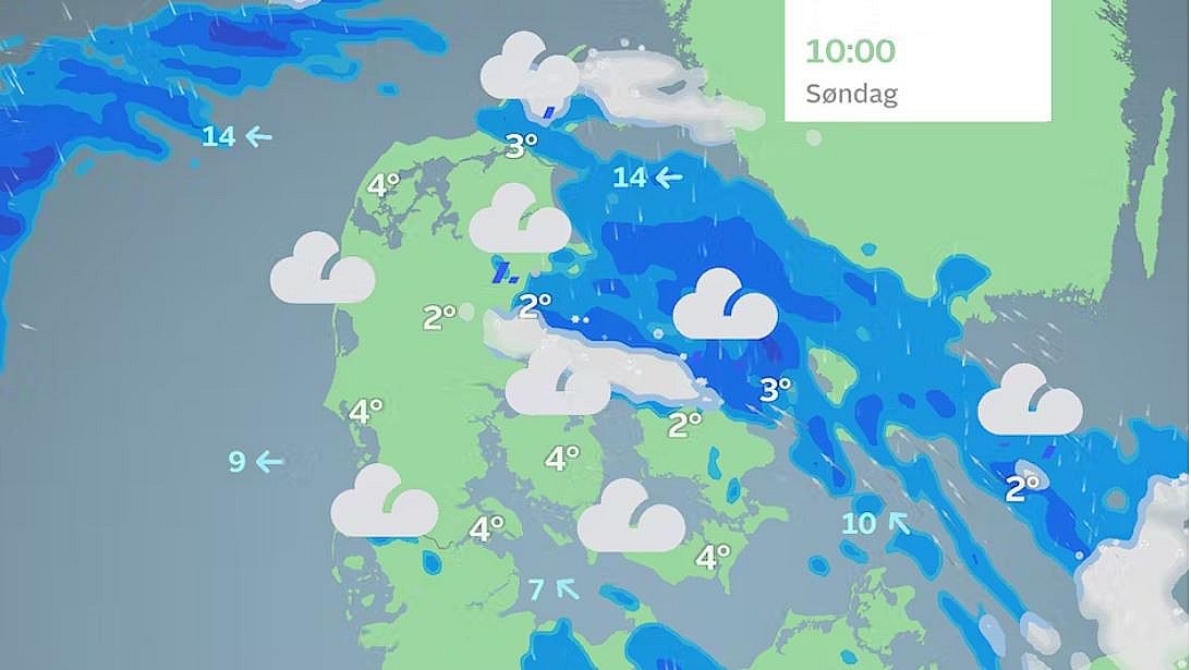 Prognose søndag formiddag. Særligt vådt mod nordøst.