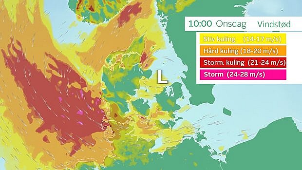 Vindstød onsdag klokken 10. Der er fortsat vindstød af stormende kuling i Vadehavet, og efterhånden blæser det også op fra nordøst i Kattaget og Skagerrak. Foto: TV 2 VEJRET