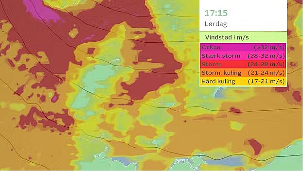 Vindprognose for lørdag eftermiddag. Blæsende i hele landet.