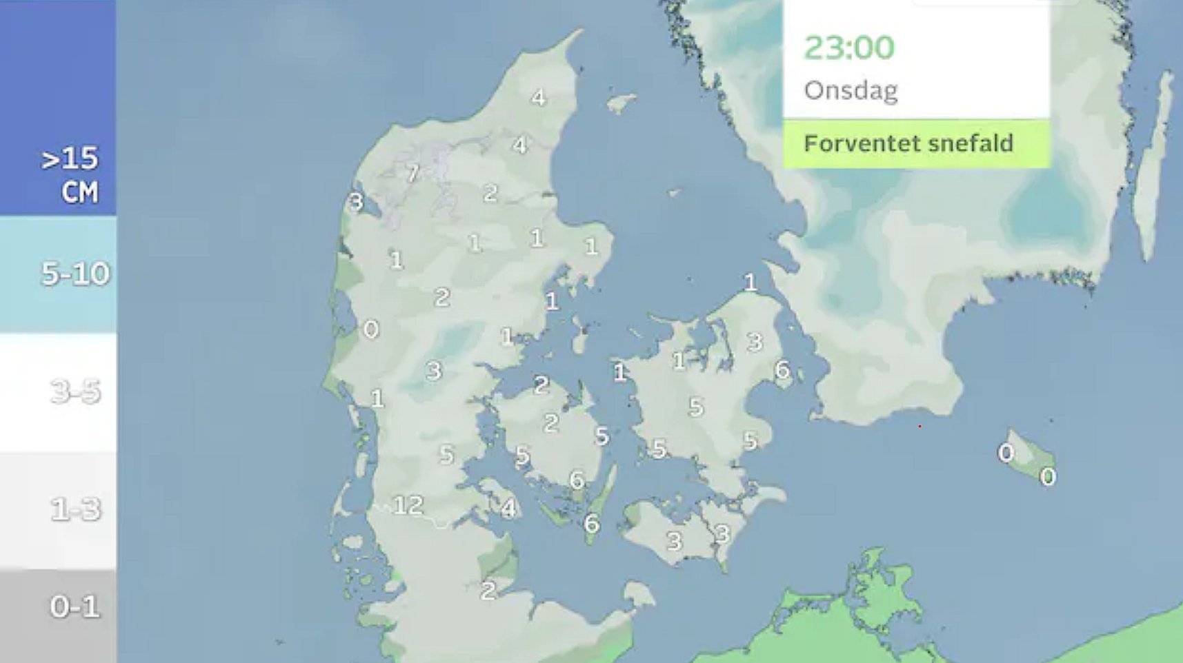 Prognose af snefald onsdag.