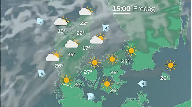 Prognose fredag klokken 15. Stadig risiko for tåge, især ved Kattegatkysterne.