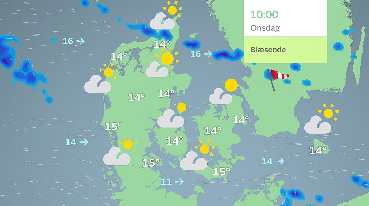 Prognose onsdag formiddag. Mange steder muligheder for nogen eller en del sol.