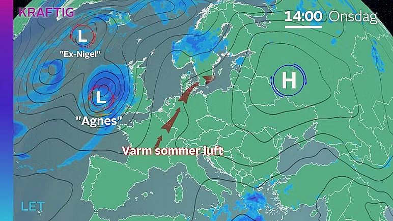 Vejrkort onsdag eftermiddag. Stormlavtrykket Agnes og et højtryk over Rusland virker som en varmepumpe, der sender sommerluft fra syd op til Danmark. Foto: GRAFIK / TV 2 Vejret