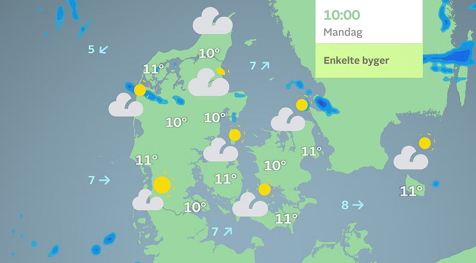 Prognose klokken 10. Foto: GRAFIK / TV 2 Vejret