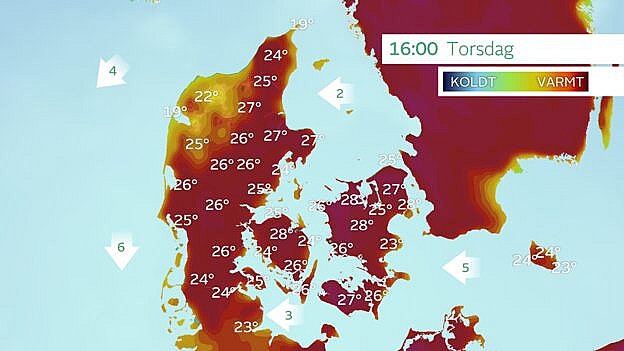 Forventet maksimumtemperaturer torsdag. Op mellem 26 og 29 graders varme i det meste af landet.