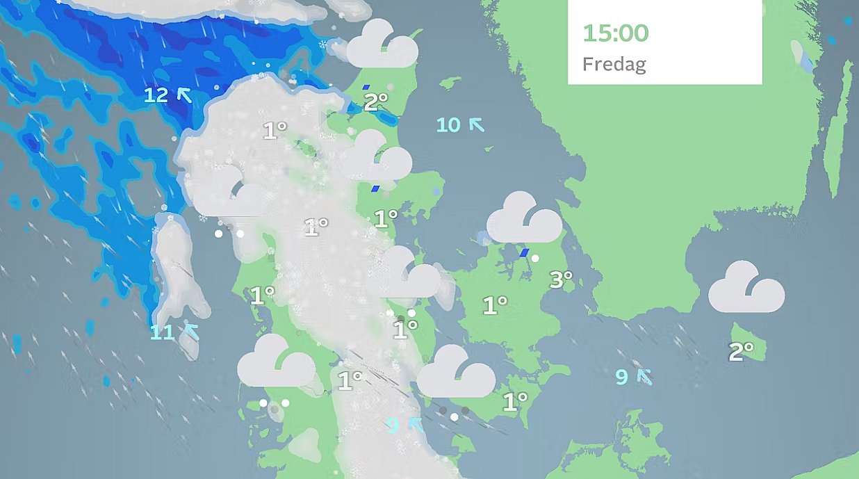 Prognose fredag eftermiddag. Udbredt slud og tøsne.