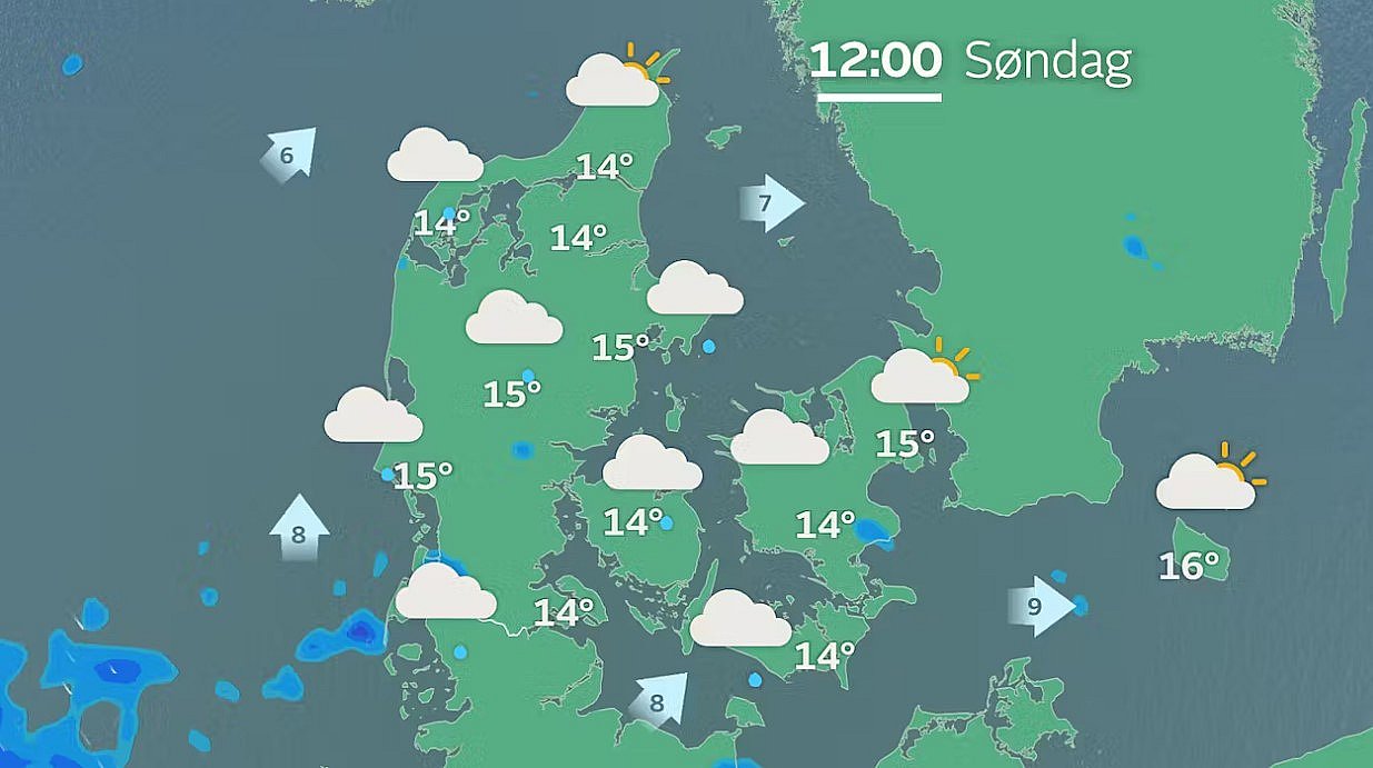 Prognose søndag. Mest skyet med enkelte byger.