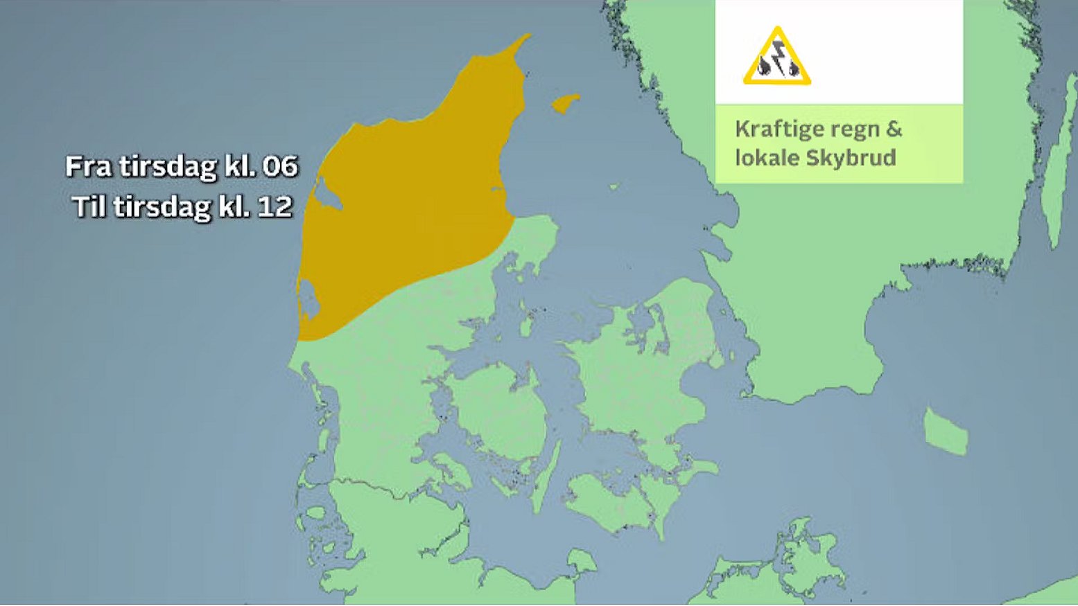 I Nordvestjylland ventes kraftig regn, lokalt mellem 20 og 30 millimeter regn. Der kan også forekomme lokale skybrud med over 15 millimeter regn på en halv time.