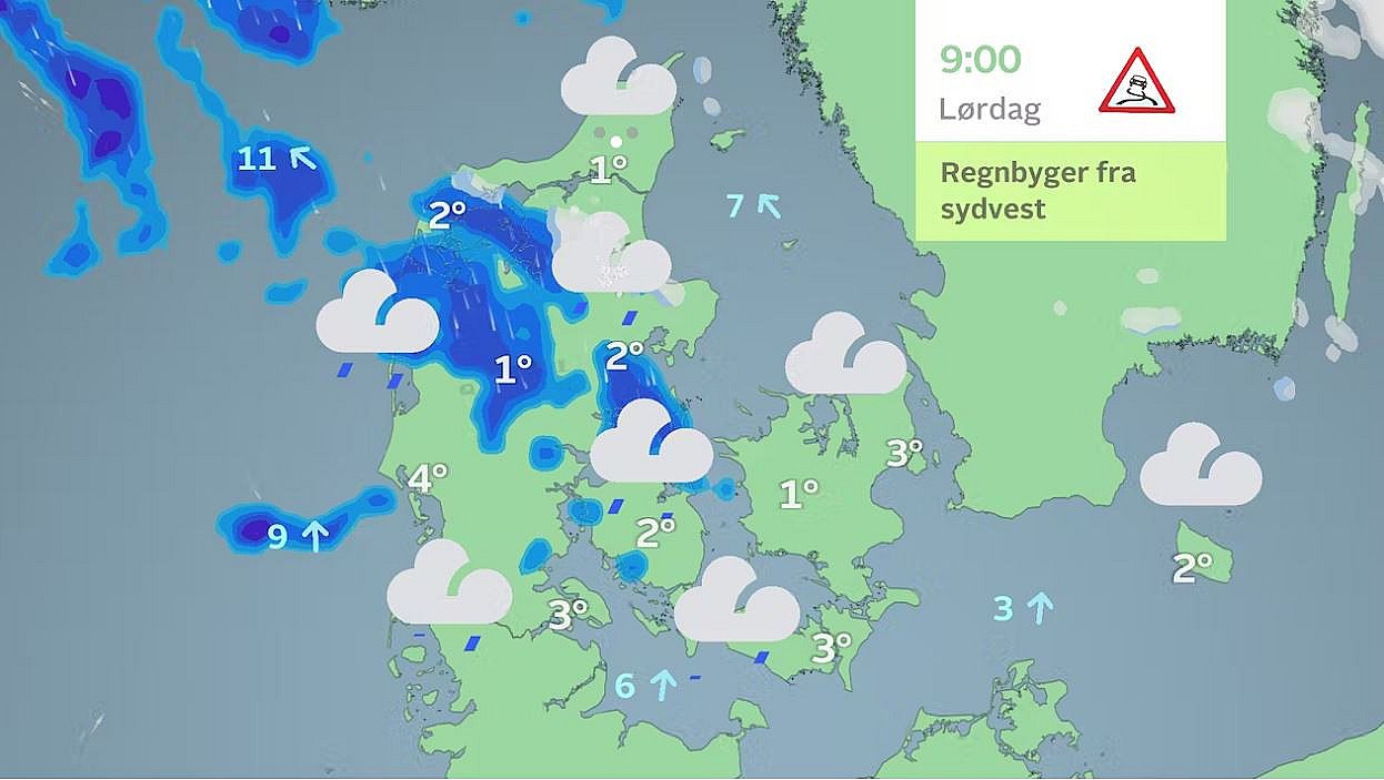 Prognose for lørdag morgen klokken 9. Bygerne vil drive mod nordøst og vil slippe det meste af landet omkring middagstid.