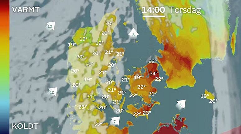 Prognose af temperatur, vind og skydække torsdag klokken 14. Foto: GRAFIK / TV 2 Vejret